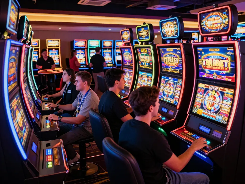Players engaging with colorful slot machines to claim their slot bonus new member rewards