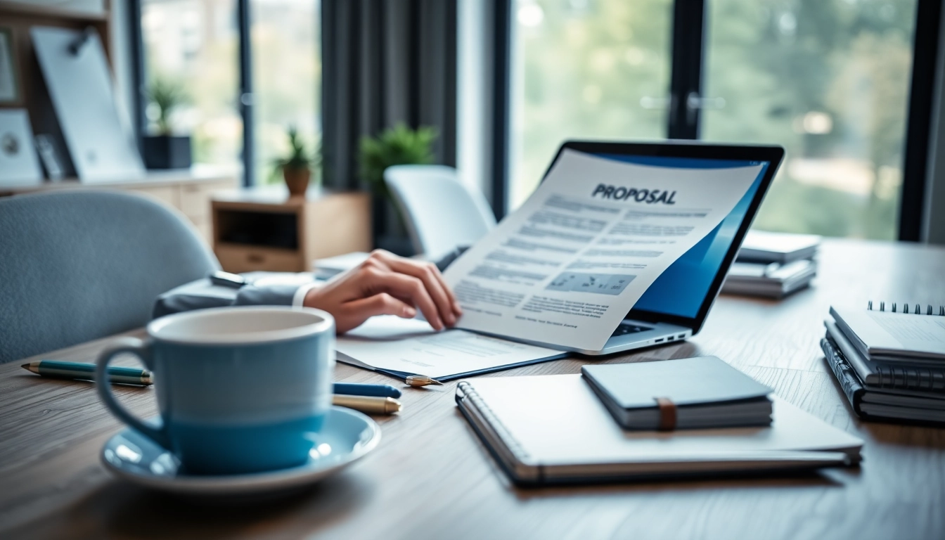 Engaging scene of Proposal Writing and Management at a professional desk with laptop and documents.