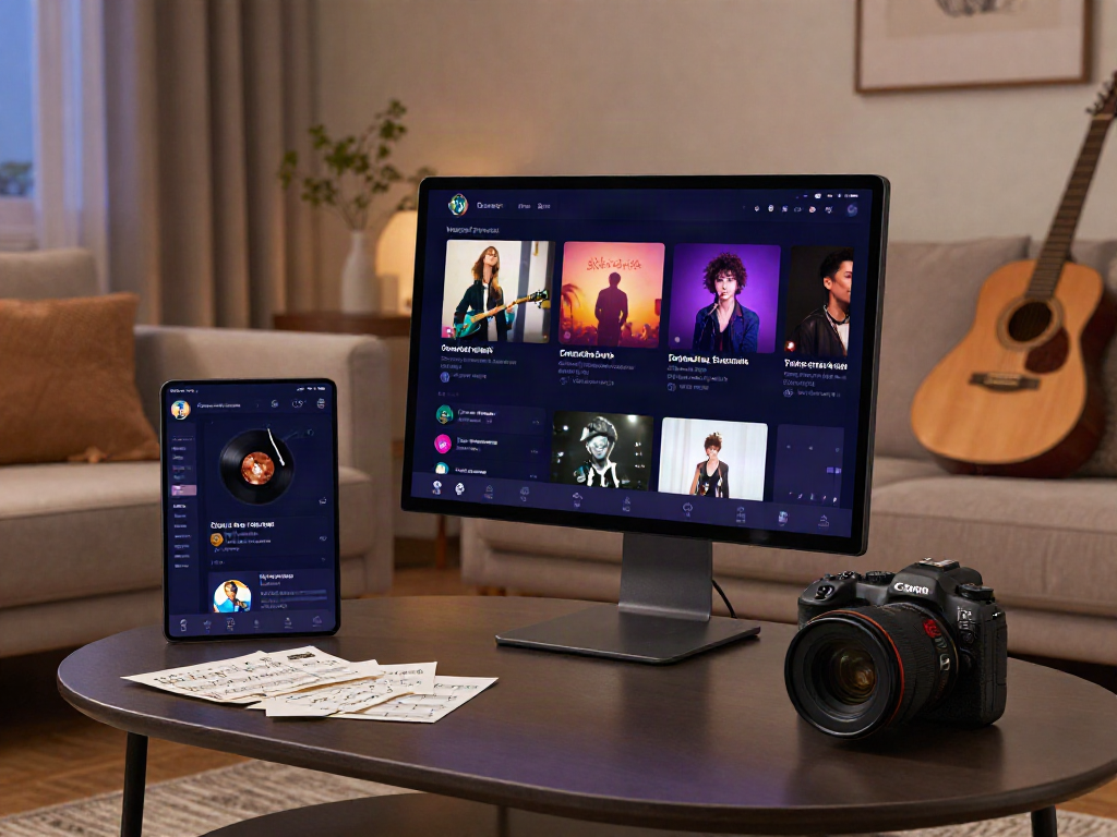 在现代客厅中,用户使用手机浏览汽水音乐应用,展示音乐播放列表,营造舒适氛围,体现qishuidouyin.com的音乐体验。
