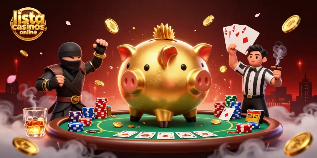 Disfruta la emoción en la lista de casinos online con un contundente luchador de sumo dorado y elementos de juego.