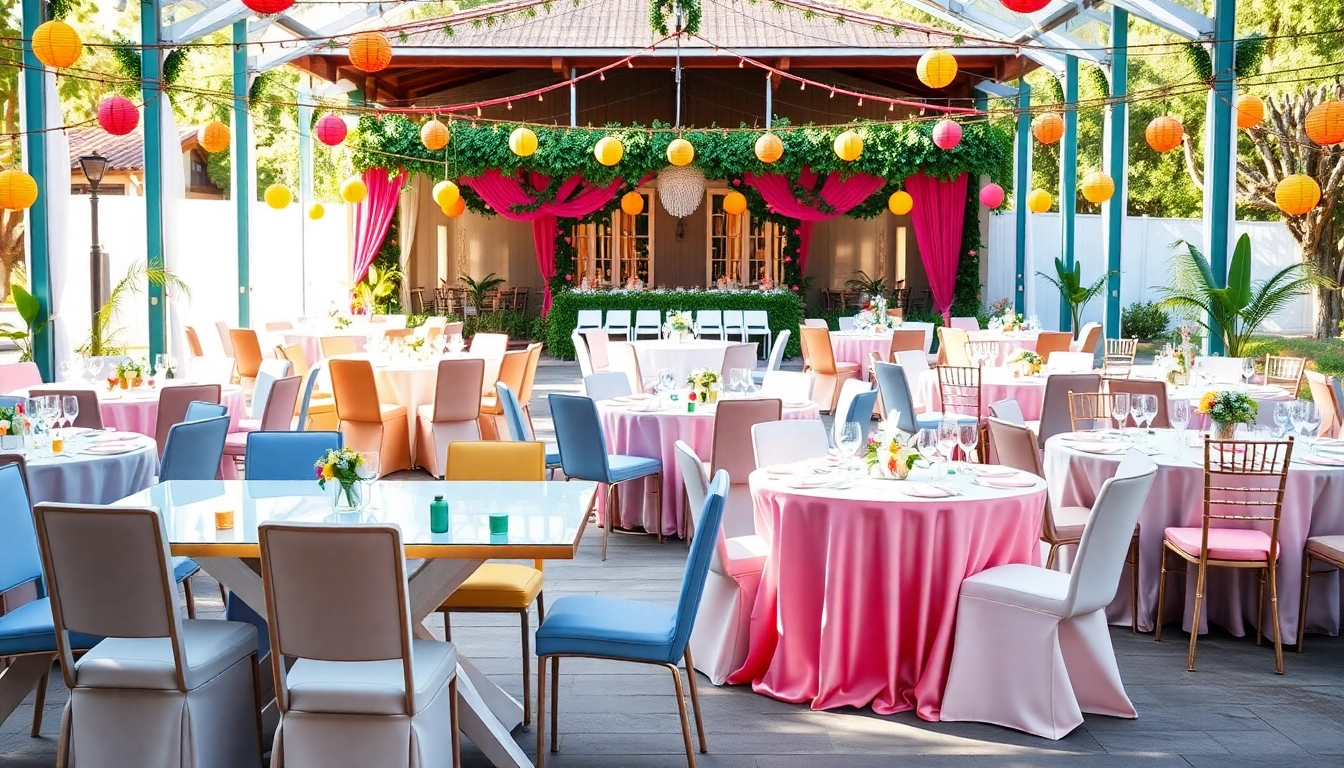 Engaging scene of Table & Chair Rentals in a festive event setting, showcasing elegant designs.