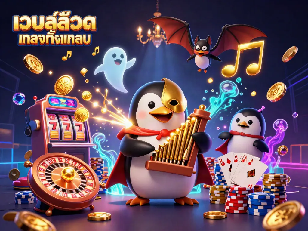 ภาพของ เว็บสล็อตตรงทั้งหมด ที่แสดงให้เห็นโลกแห่งคาสิโนด้วยตัวละครการ์ตูนและสัญลักษณ์เกม