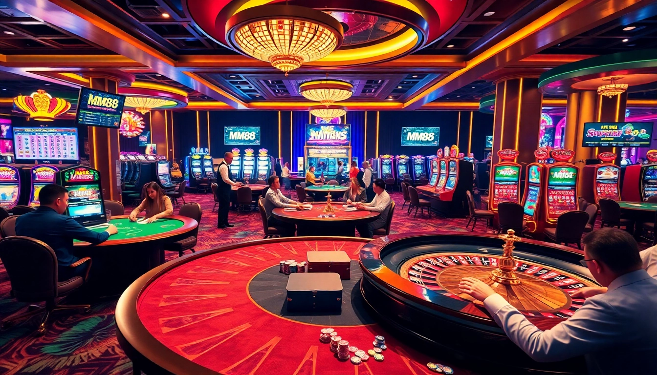 Experience the thrill of MM88 with players engaged in casino games surrounded by vibrant lights and stunning visuals.