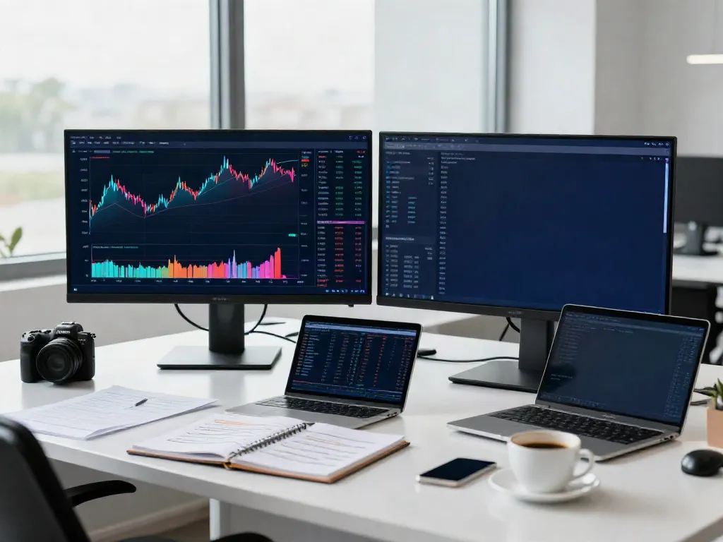 Investor using TradingView in a modern trading workspace with dual monitors, analyzing stock charts and financial news.