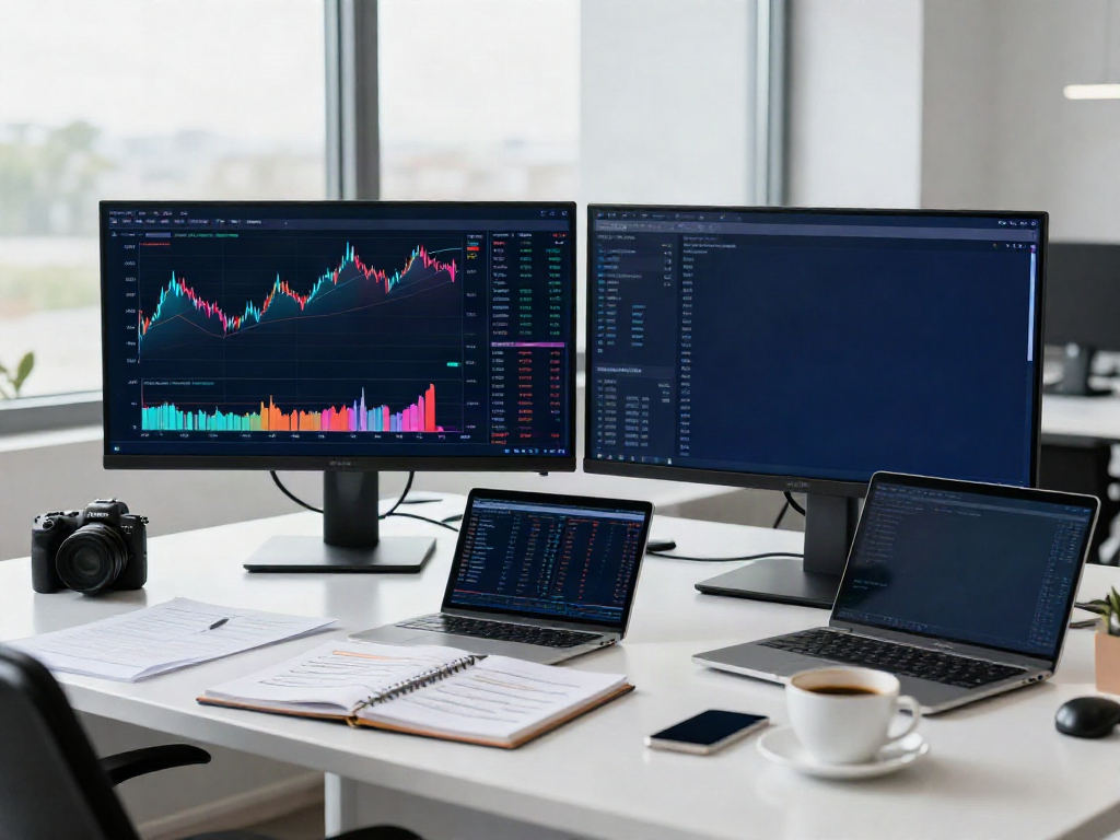 Investor using TradingView in a modern trading workspace with dual monitors, analyzing stock charts and financial news.