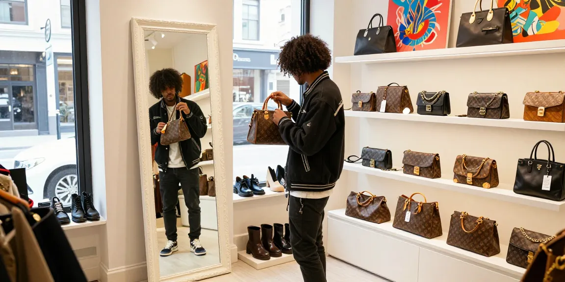 Shopper exploring premium 명품 레플리카 products in stylish urban boutique, reflecting modern fashion choices.