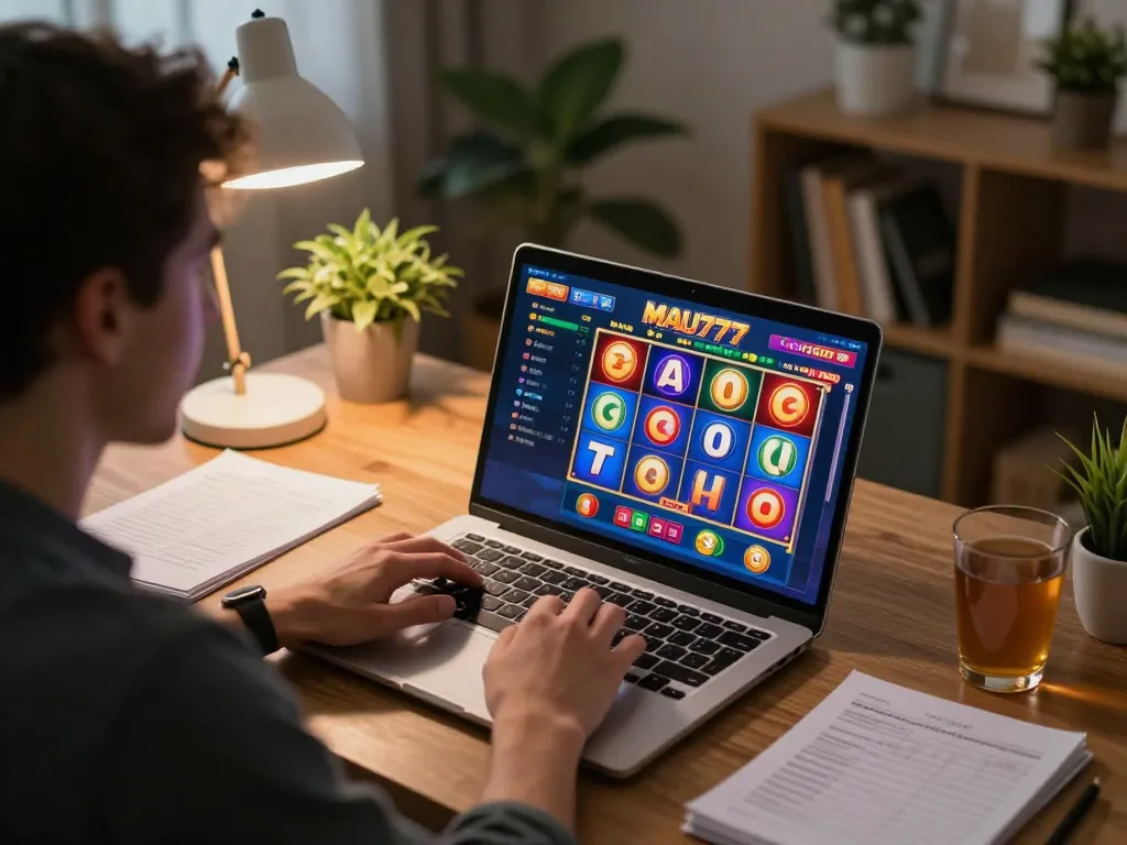 Engaging player enjoys MAU777 slot games on a laptop, highlighting online gaming excitement and strategy.