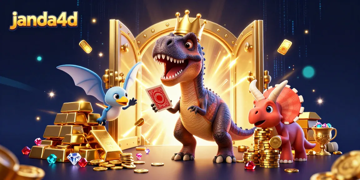 Menggambarkan janda4d, T-Rex ramah bermain kartu, pterodactyl membantu, dan triceratops menyusun chip emas.