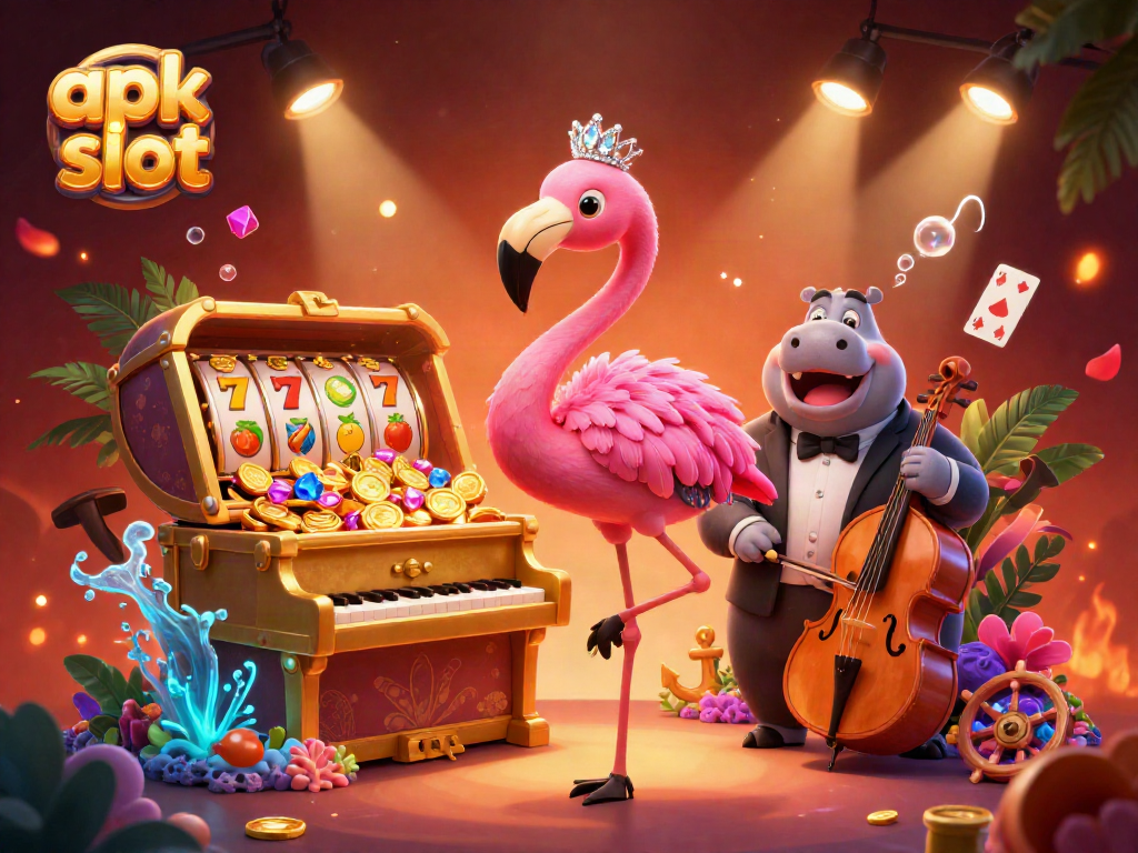 Experience the excitement of "apk slot" with lively casino characters in a vibrant 3D illustration.