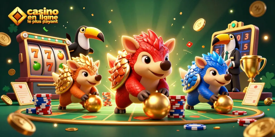 Animation ludique montrant des pangolins et des symboles de jackpot au casino en ligne le plus payant.