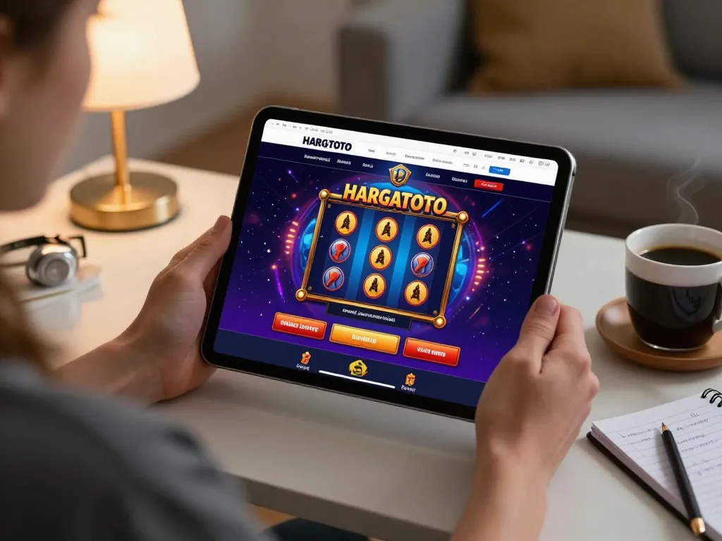 Engaging player explores HARGATOTO's top slot games on tablet in a cozy home setting.