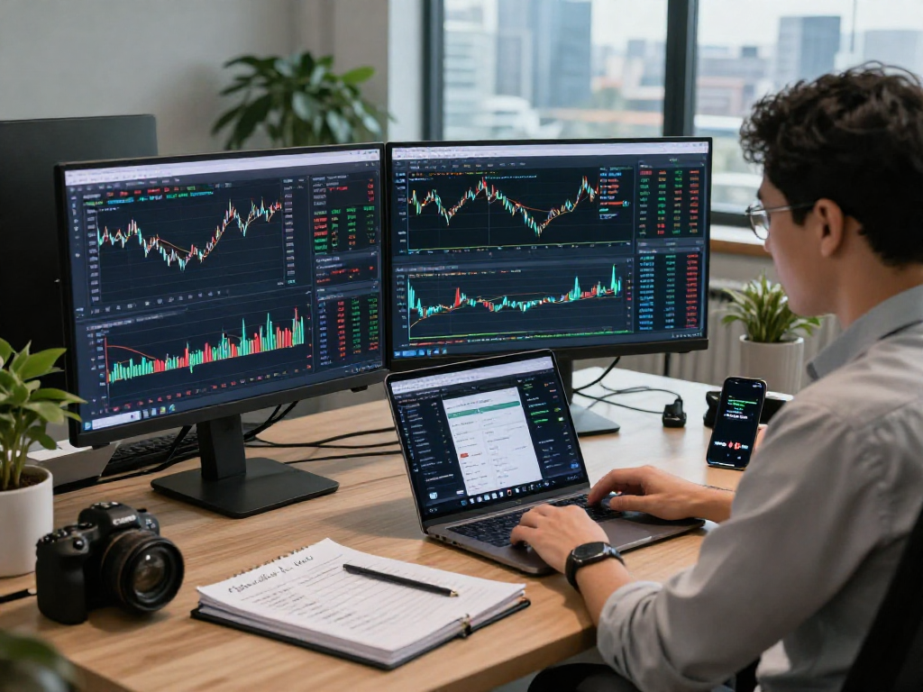 Analyze financial markets using TradingView's advanced charts and alerts in a modern office.