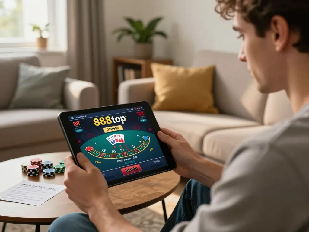 Player enjoying live blackjack at 888top using a tablet in a cozy home environment.
