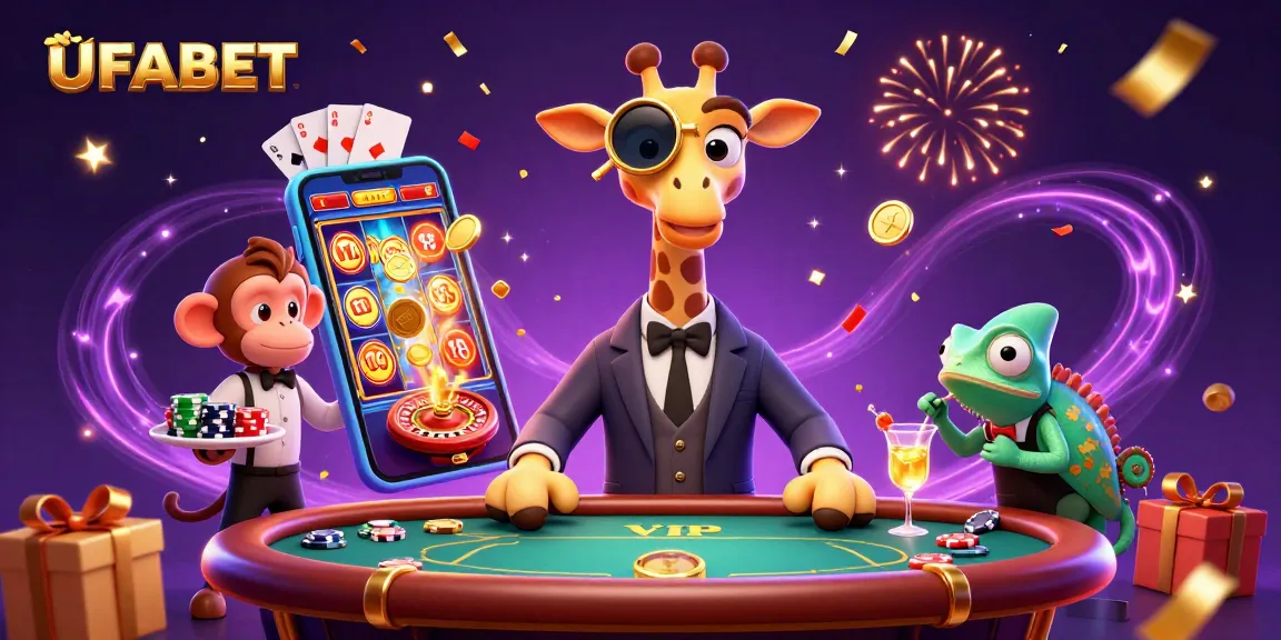 Experience the thrill of gambling with UFABET's vibrant casino scene featuring a high-roller giraffe.
