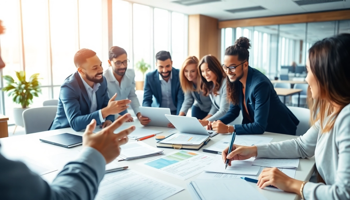 Engaging professionals in proposal writing and management collaboration in a bright office setting.