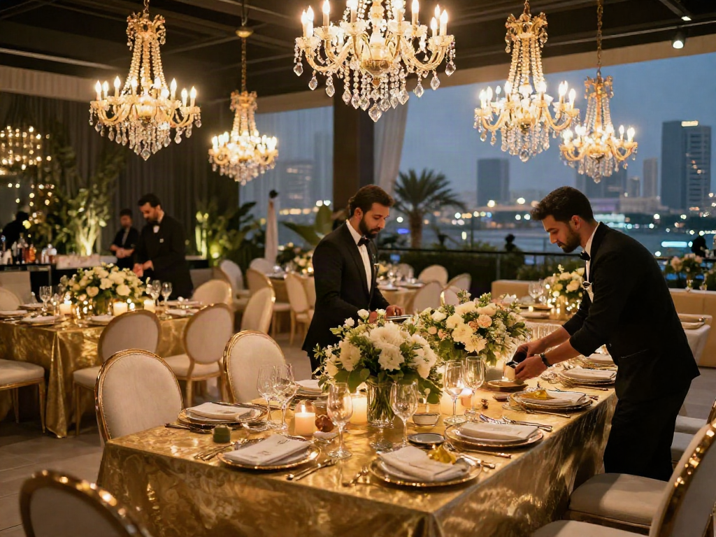 Event rental ksa showcasing an elegant banquet setup in Riyadh with luxurious decor and a stunning skyline.