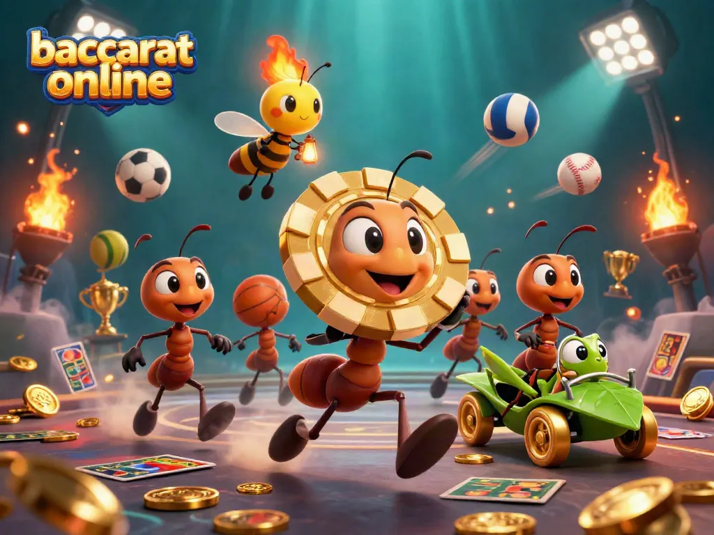 Experience baccarat online excitement with a playful 3D scene of ants, golden chips, and dynamic sports elements.