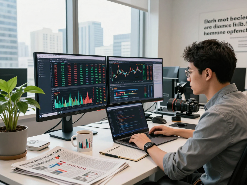 Real-time multi-ticker SGX stock batch API analysis in a vibrant trading workspace, showcasing stock data on dual monitors.