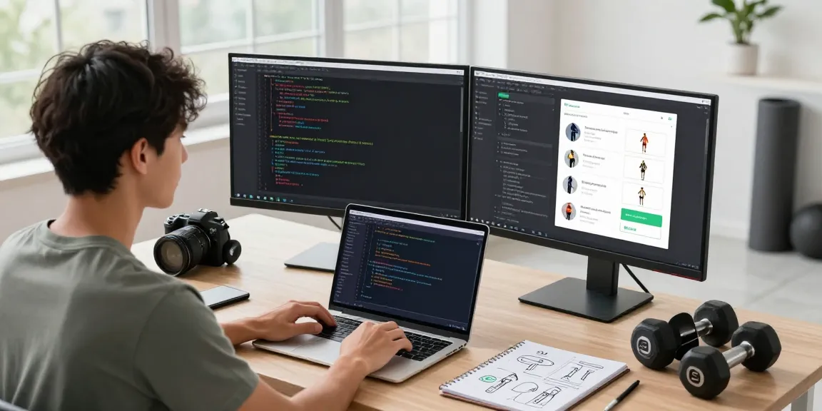 Android fitness app project tutorial in a vibrant workspace showcasing a developer coding with dual monitors and fitness elements.