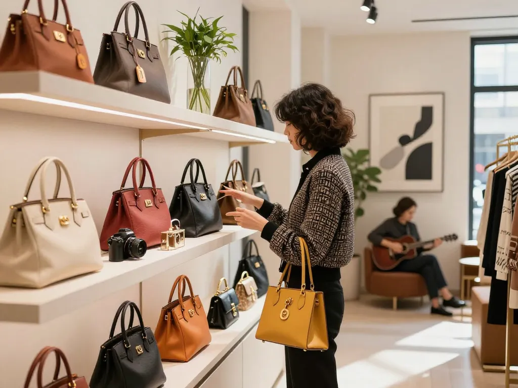 Shopper exploring high-end 명품 레플리카 in a stylish boutique