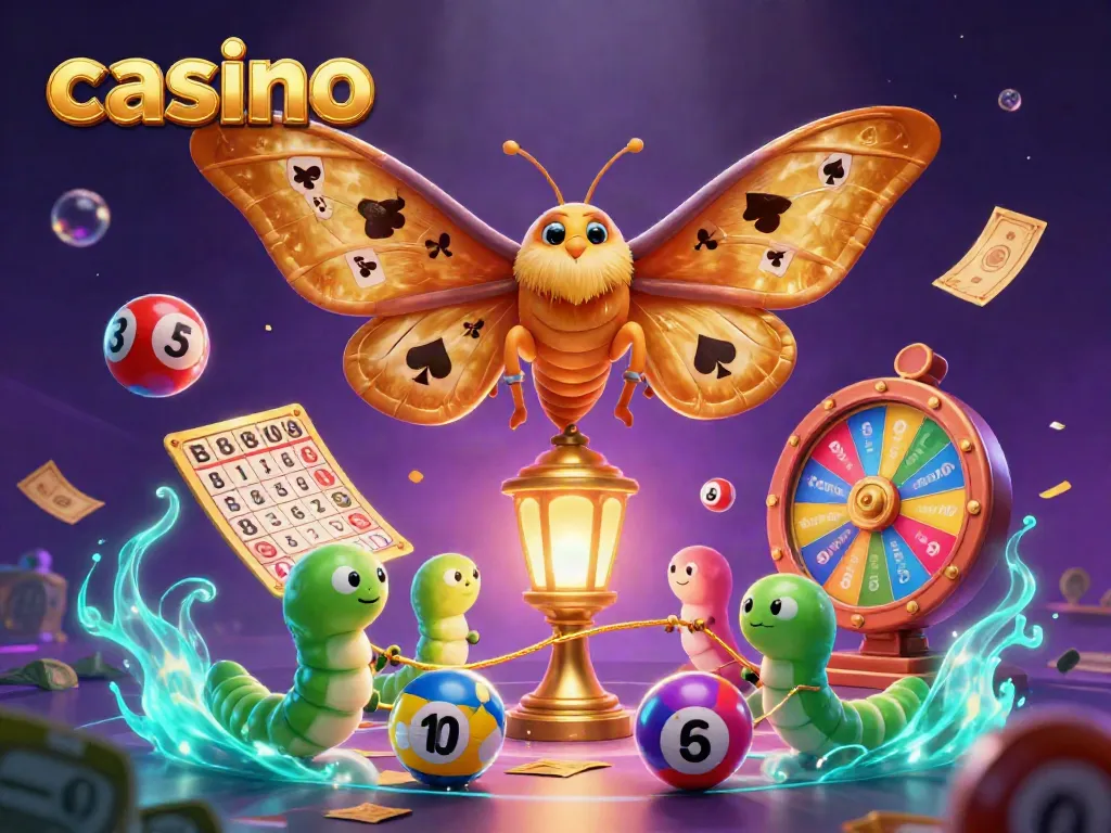 Engage with an enchanting casino scene highlighting an atlas moth and vibrant gaming elements.