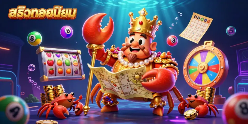 Engage with สล็อตยอดนิยม as a stunning crab emperor reigns among dynamic slot reels, lottery elements, and treasures.