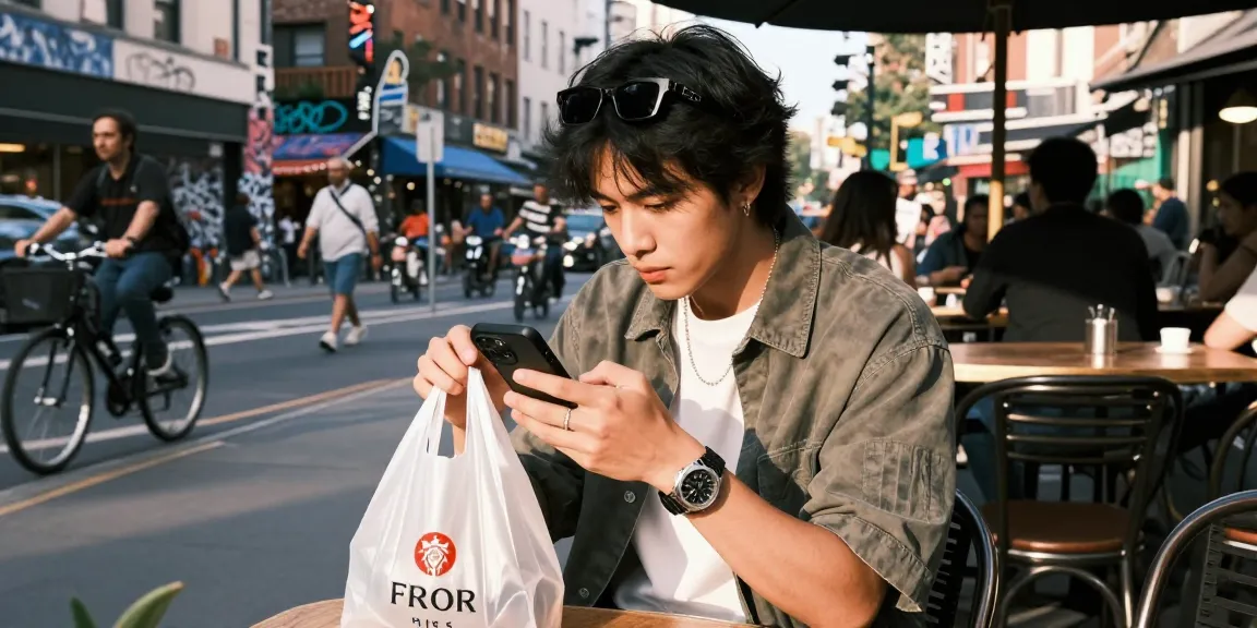 Young adult exploring 시계 레플리카 options in a vibrant urban setting.