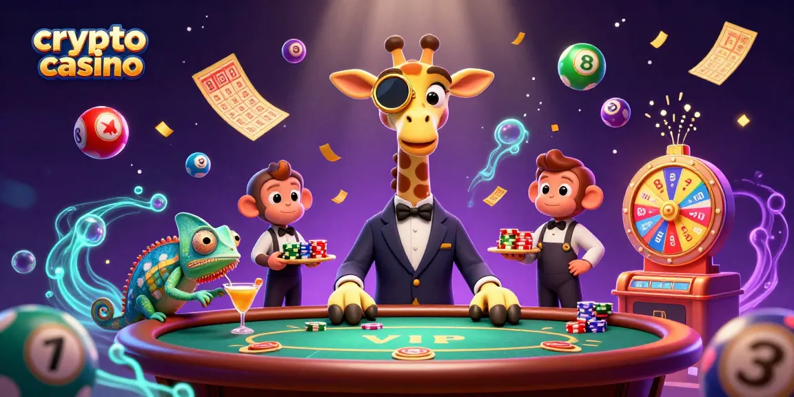 Partecipa nel crypto casino con un'illustrazione vivace che mostra una giraffa e un team di casino.
