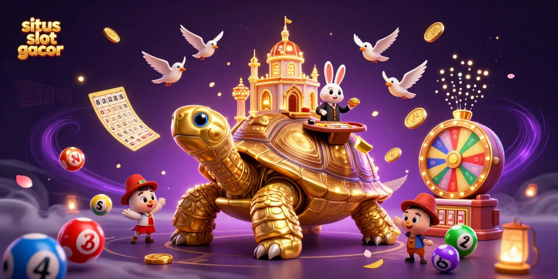 Situs slot gacor illustration depicting a dynamic casino scene with a golden tortoise and rabbit dealer, surrounded by vibrant gaming elements.