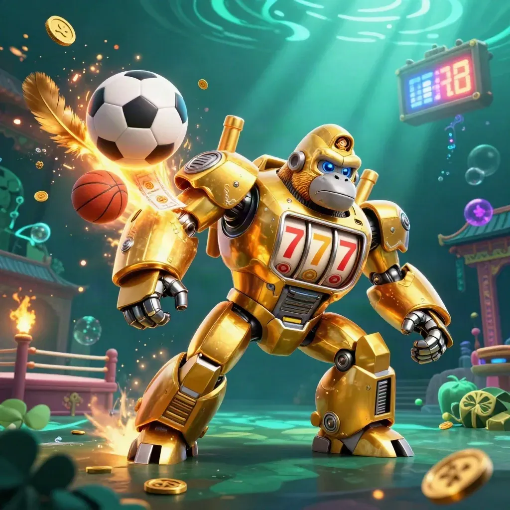 Golden gorilla mech with monkey pilot, soccer ball, coins, and temple gate in neon casino glow.