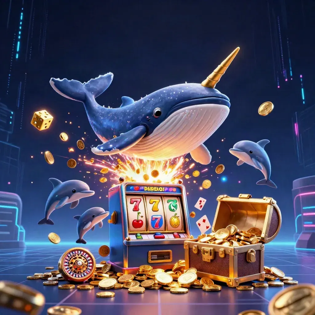 Whale captain, narwhal, and dolphins amid coins, slot symbols, dice, and treasure in neon light.