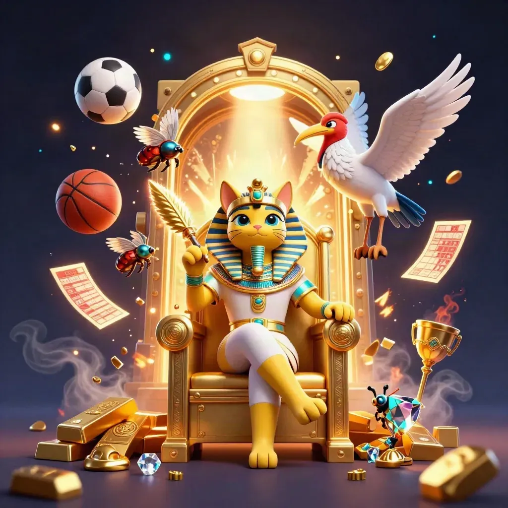 Pharaoh cat, ibis scribe, and gem scarabs amid vault treasure and flying sports balls