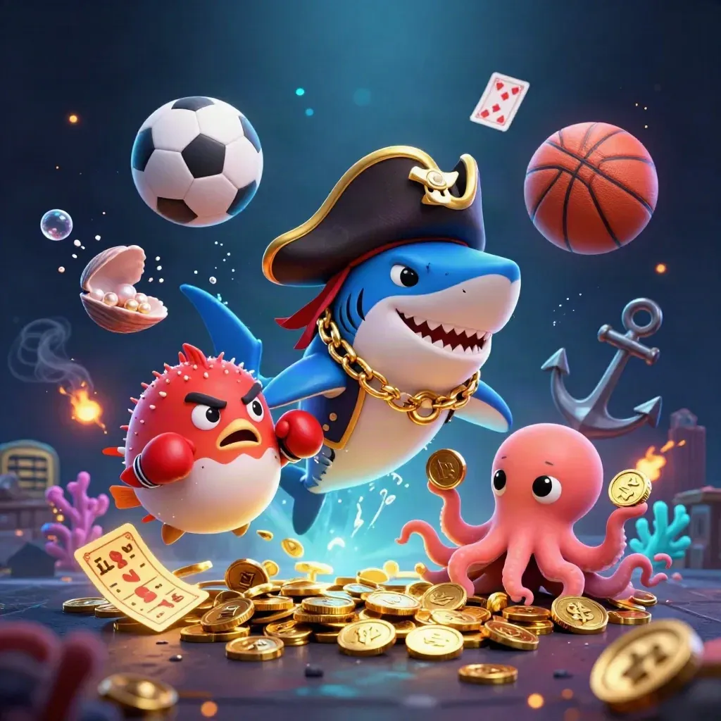 Shark pirate, pufferfish boxer, and baby octopus amid coins, balls, coral, and glowing bubbles.