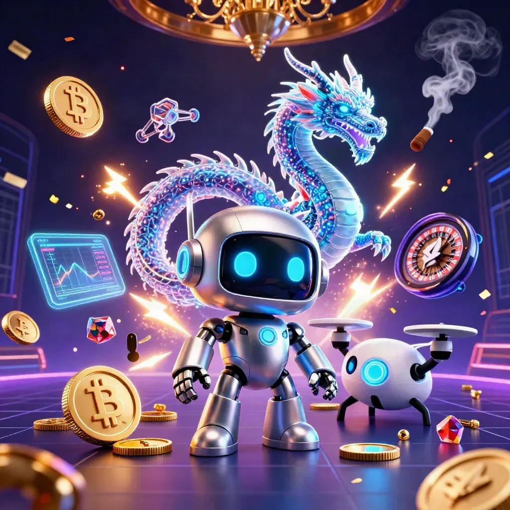 Robot, holographic dragon, and coin drone in a neon casino scene with crypto effects.