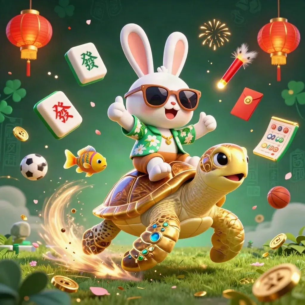 Rabbit on a golden turtle amid casino charms, lanterns, coins, balls, and glowing fog.