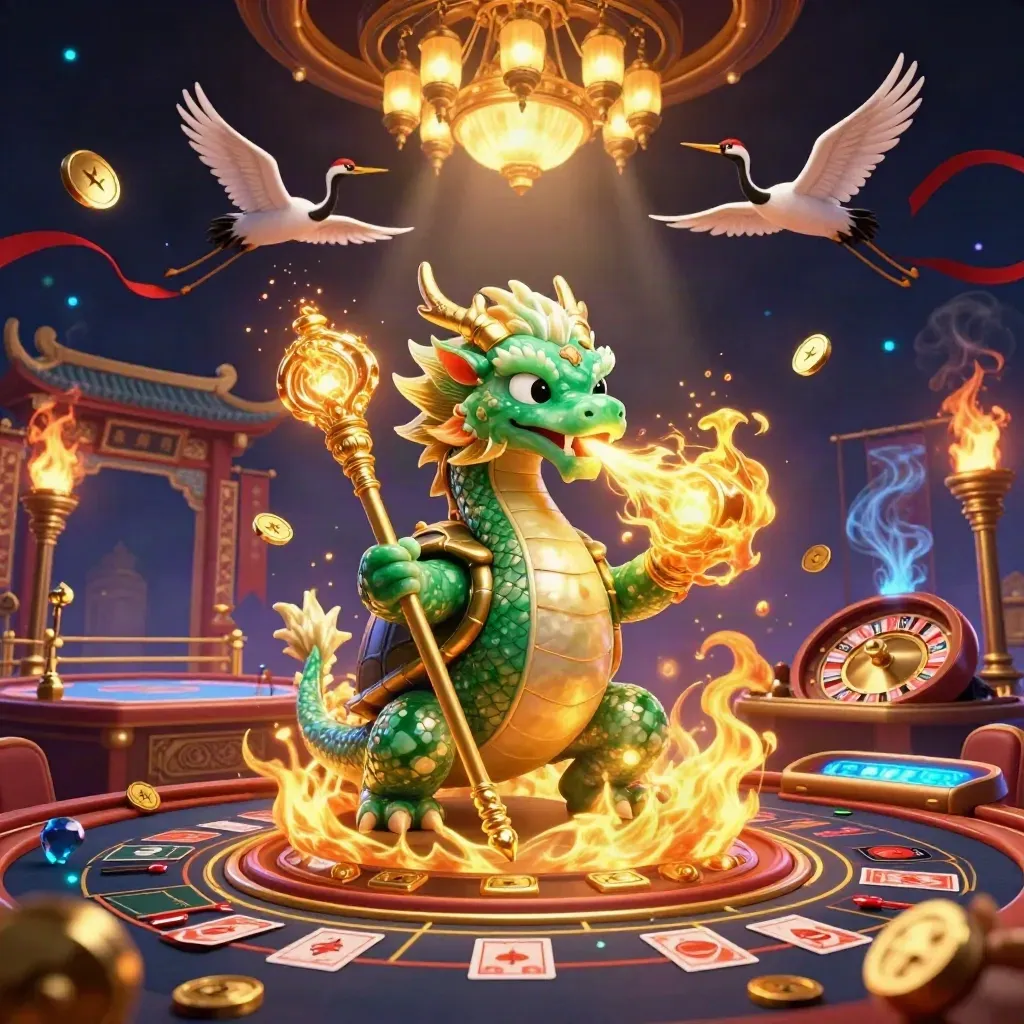 Jade dragon, turtle sage, and cranes in a glowing casino-temple with gold fire and blue bokeh