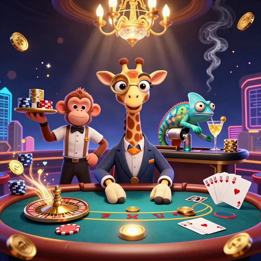 Giraffe, monkey, and chameleon at a glowing casino table with coins, gems, and spinning roulette.