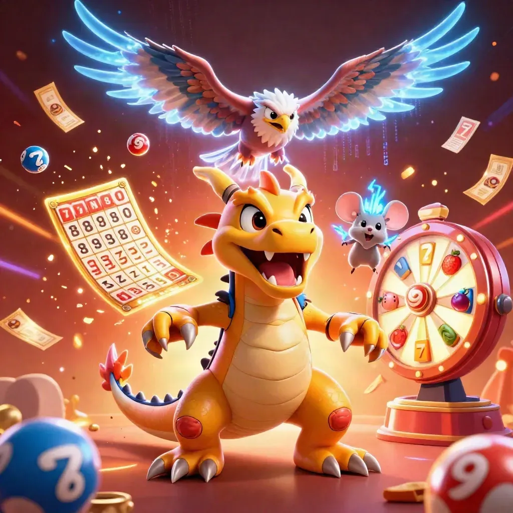 Thunder dragon, wind hawk and static mouse amid casino tokens and lightning on a fiery red backdrop