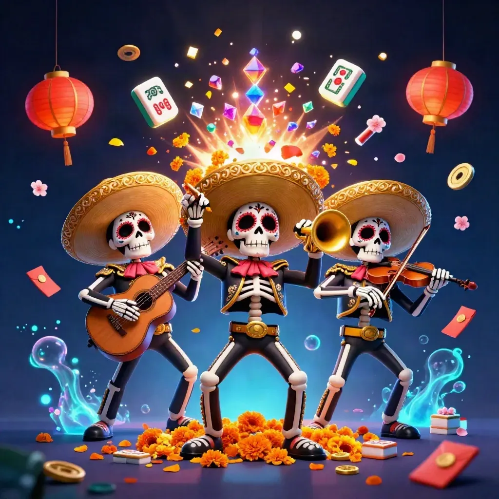 Day-of-the-Dead skeleton mariachi trio with glowing tiles, coins, lanterns, and gem bursts
