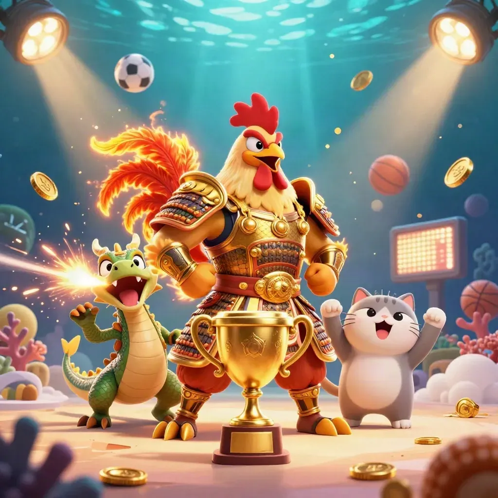 Rooster warrior, dragon hatchling, and fortune cat amid coins, balls, trophy, and glowing beams.
