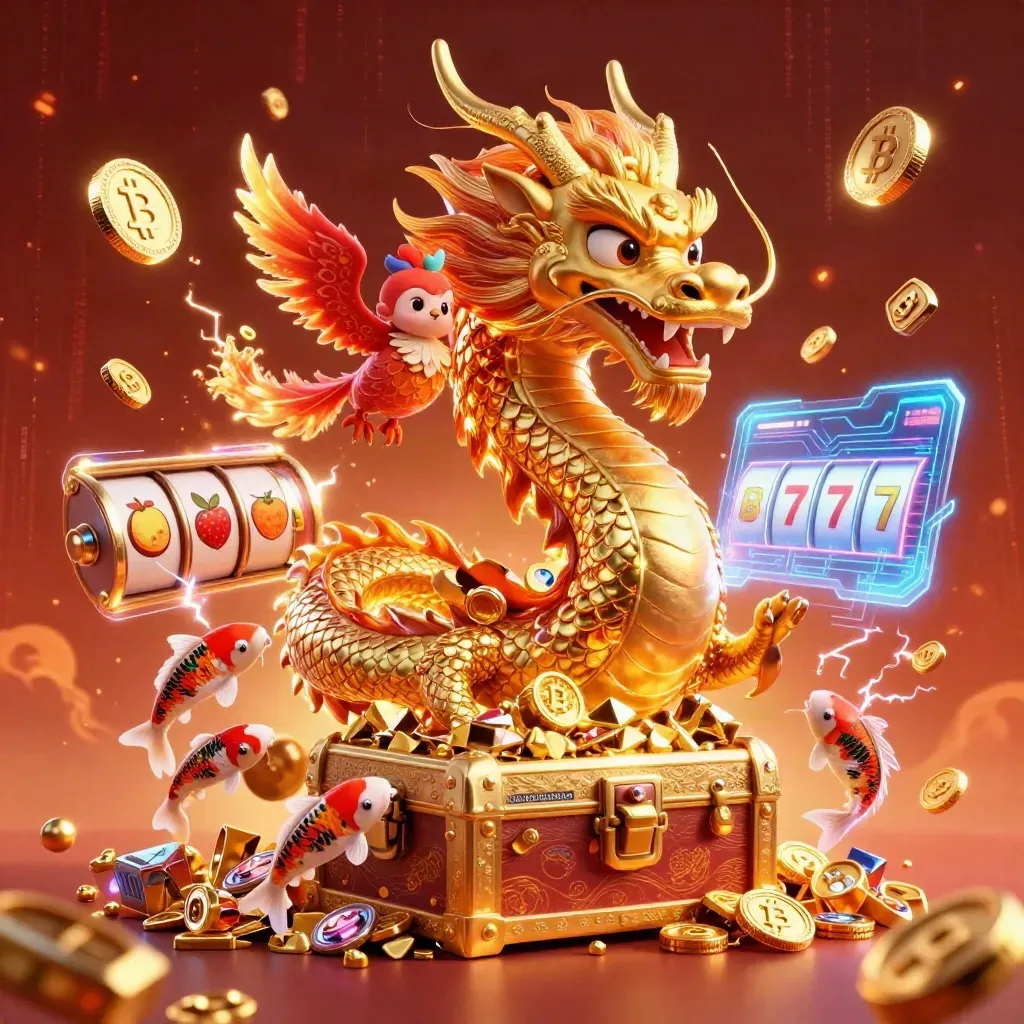Golden dragon, phoenix, and koi amid treasure, neon coins, and casino energy on a fiery backdrop.