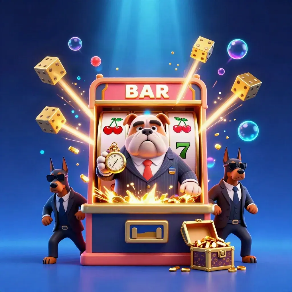 Bulldog mob boss and Doberman guards amid exploding slot machine, gold, and neon blue magic.