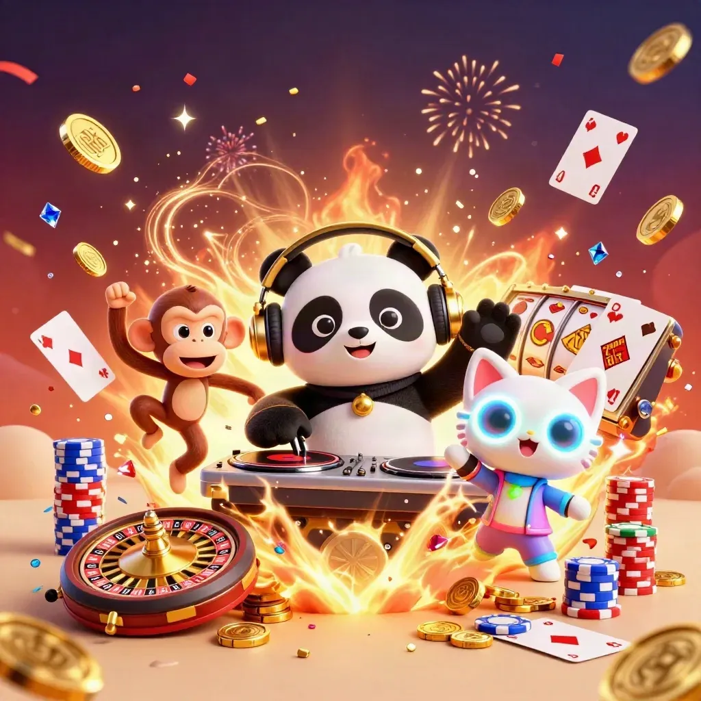 DJ panda, dancing monkey, and glow-stick kitten amid coins, gems, cards, and fireworks.