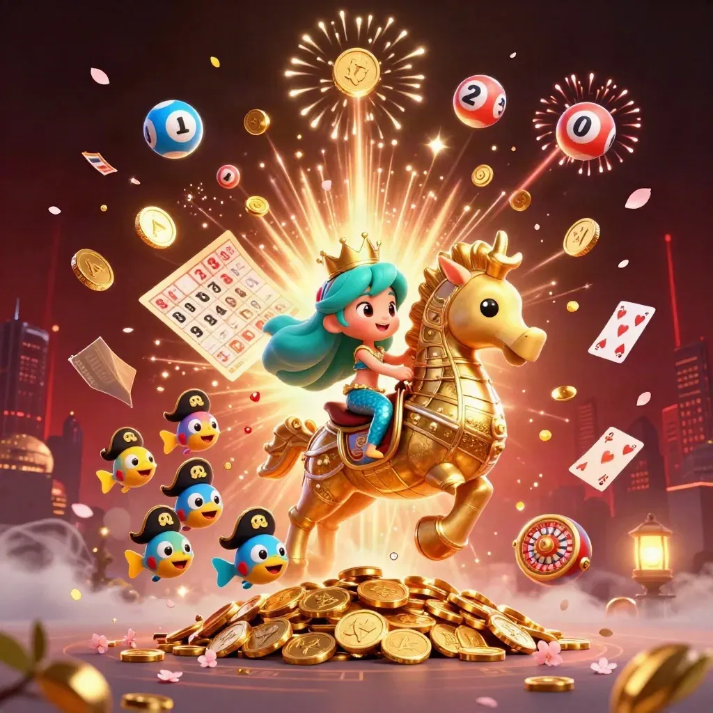 Mermaid princess on armored seahorse amid casino treasure, lottery balls, coins, and fireworks