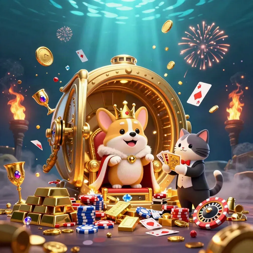 Corgi king and cat butler amid vault burst, gold, gems, cards, and fireworks under teal water light