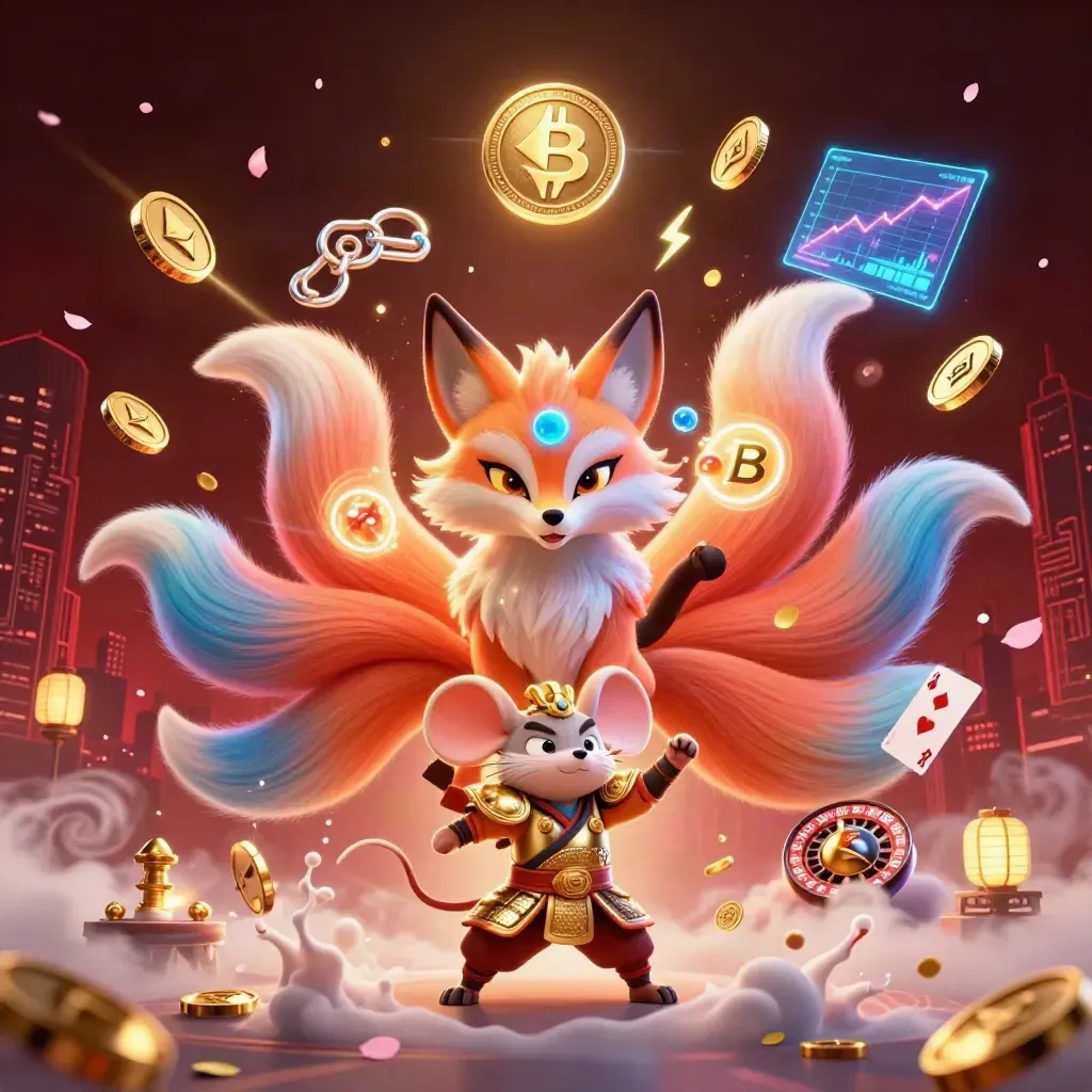 Fox spirit and golden mouse amid coins, cards, neon effects, and glowing city backdrop.