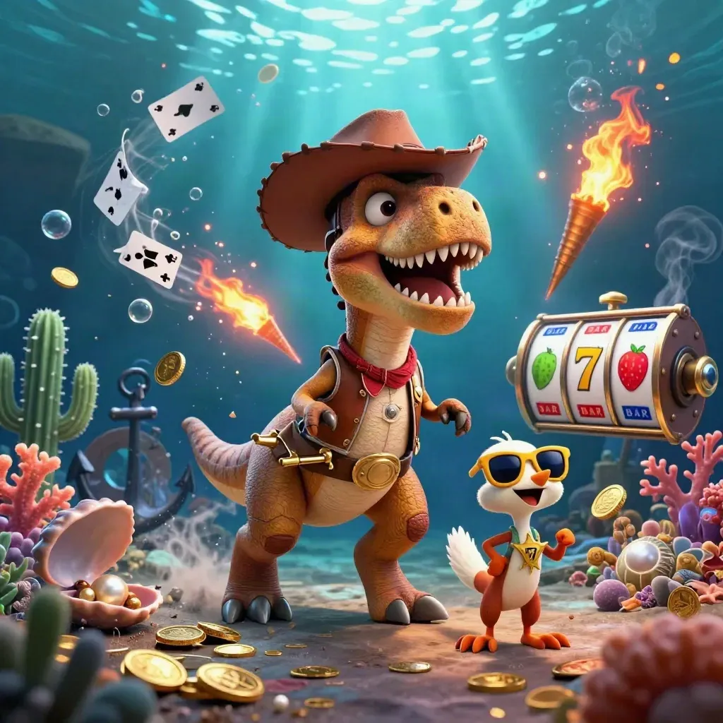Cowboy T-Rex, cactus and sheriff roadrunner burst through a glowing underwater treasure cove.