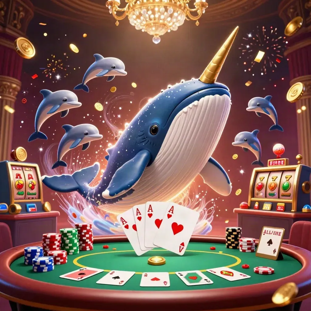 Captain whale, narwhal, and dolphins burst through coins with poker chips and casino glow.