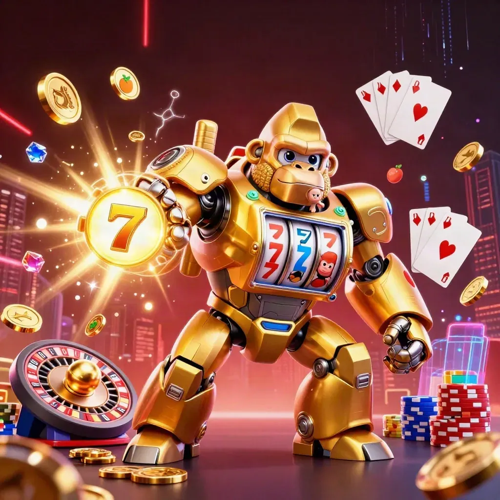 Golden gorilla mech with monkey pilot, reels, coins, cards, roulette wheel, and neon casino effects.