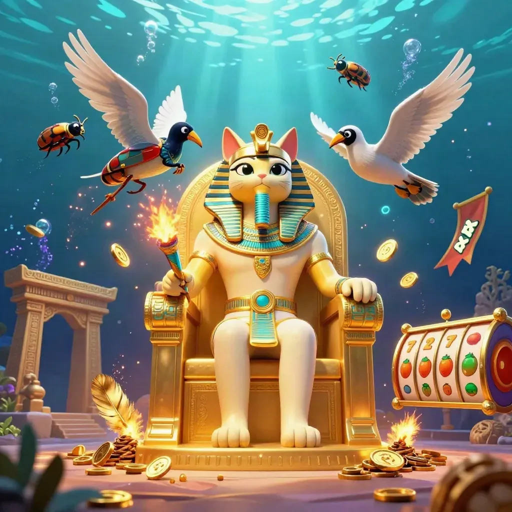 Pharaoh cat, ibis scribe and gem-wing scarabs in a glowing underwater casino splash scene.